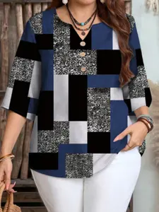 Elegant Chic Plus Size Women's Geometric Print Seven-Quarter Sleeve Shirt Blouse, Spring Summer V Neck Lightweight Loose Top, Fashion Button Decor