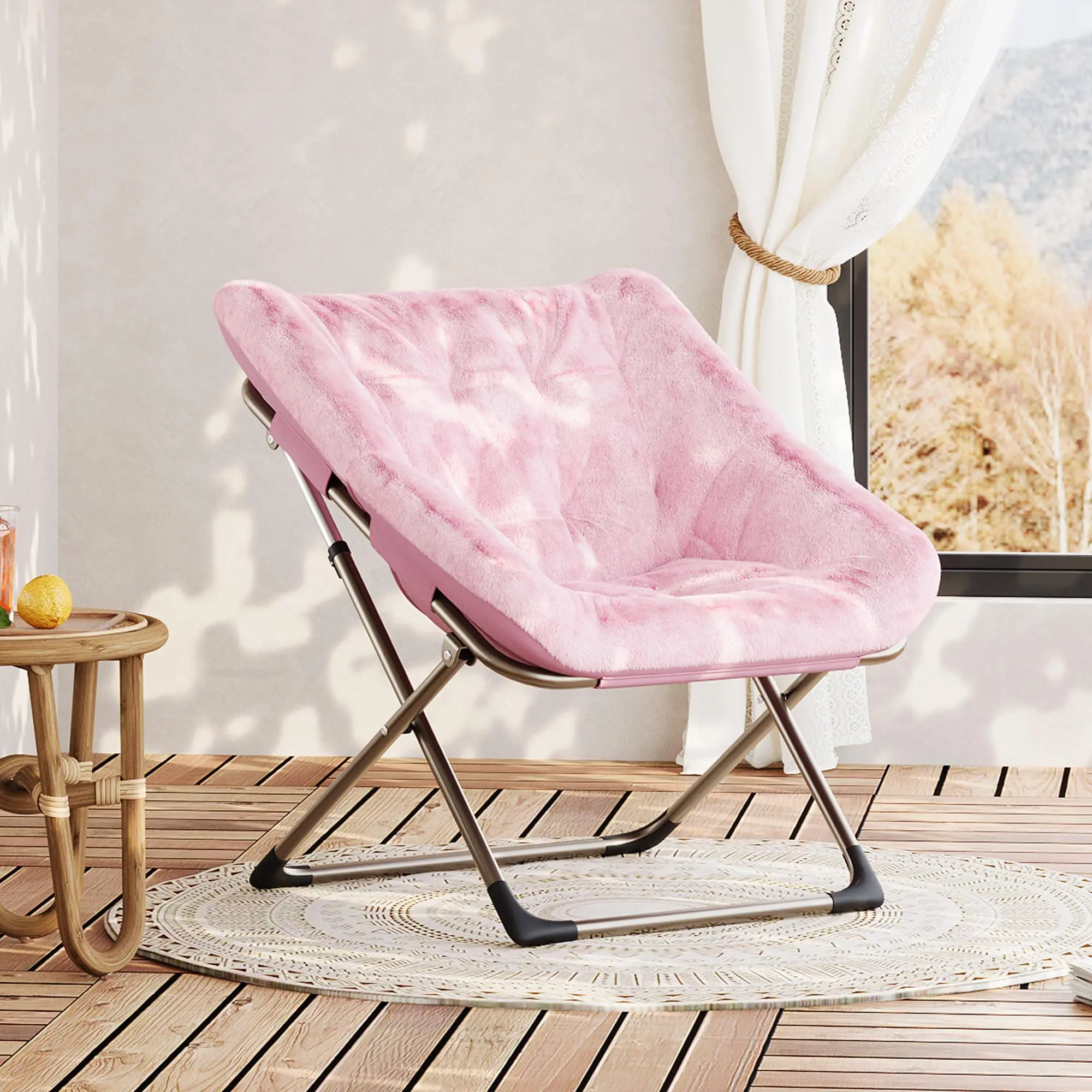 GAOMON Collapsible Soft Faux Rabbit Fur Saucer Lounge Chair, Comfy Lounge Lazy Chair, Metal Frame Reading Chairs for Office, Living Room, Bedroom, Small Spaces, No Assembly, Pink