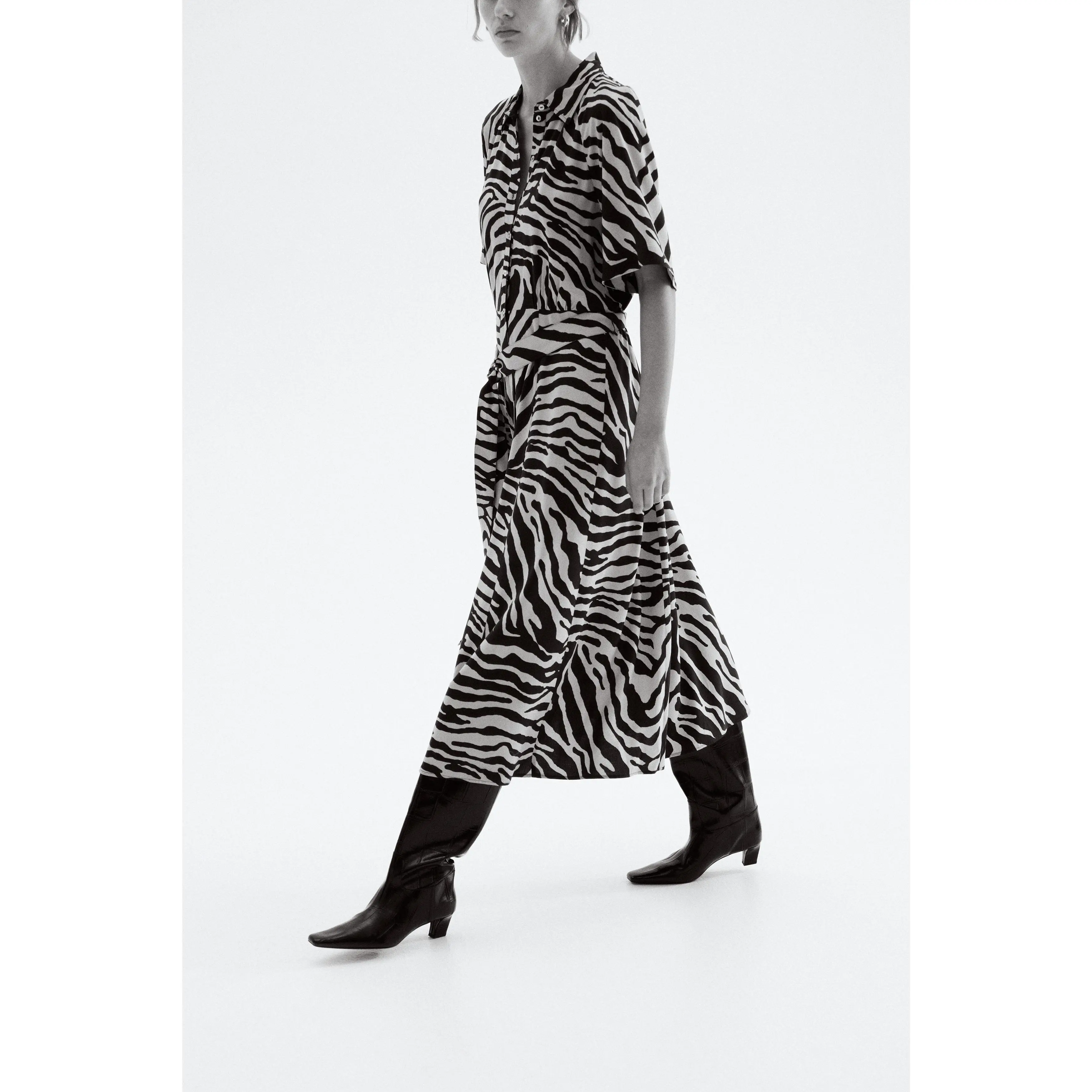 h&m tie belt shirt dress NWT H&M Tie-belt Midi Viscose Collared Button-Up Shirt Dress Black/Patterned S