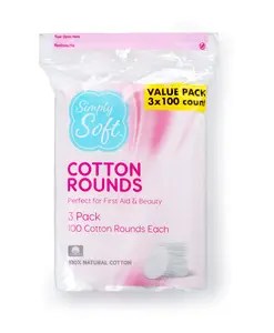 Simply Soft Cotton Rounds, Cotton, Absorbent and Textured Cotton Pads are Lint Free, 100 Count (Pack of 3)
