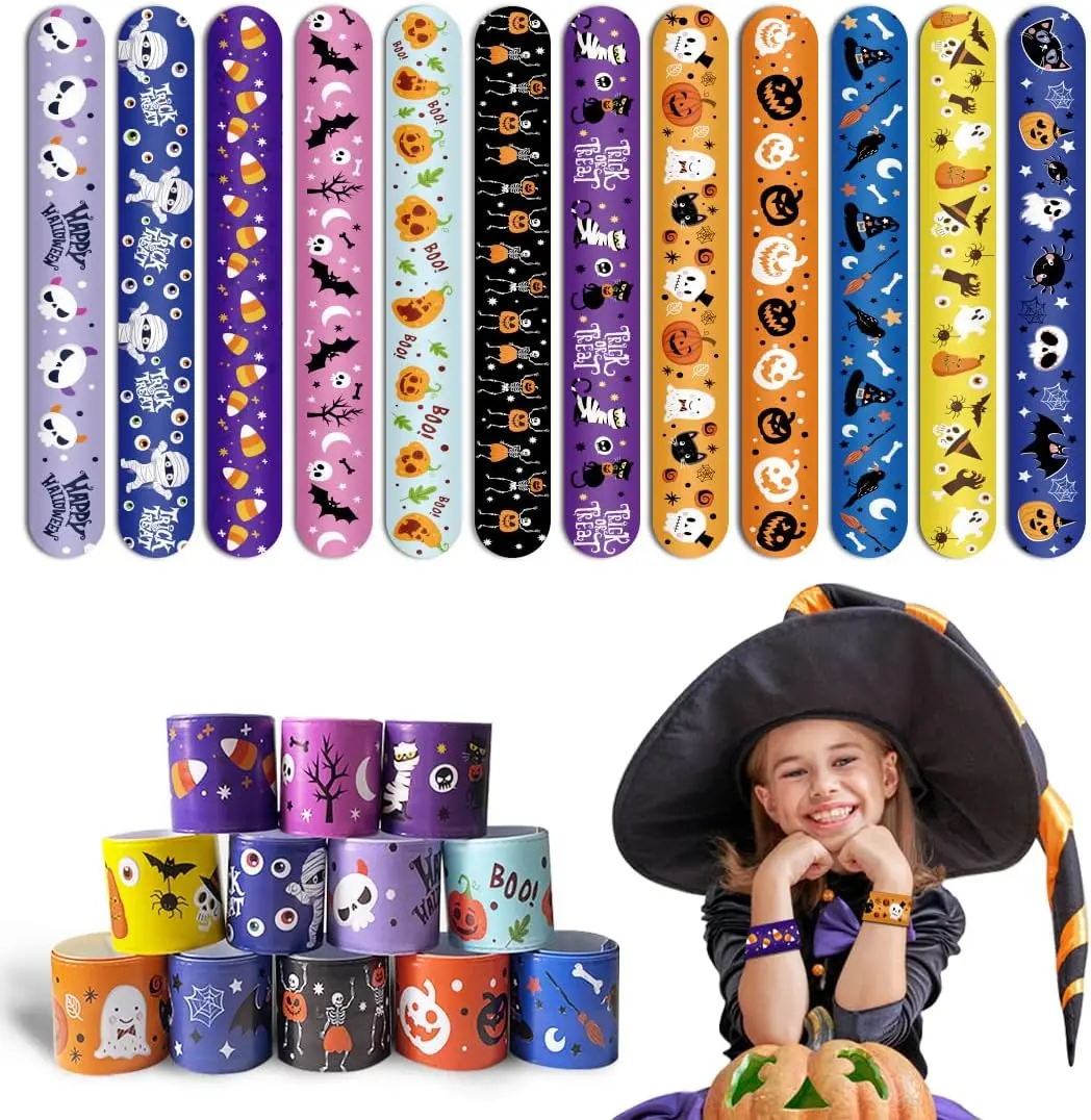 48PCS Halloween Slap Bracelets for Kids - Pumpkin, Witch Themed Snap Bracelets, Halloween Party Favors, Trick or Treat Goodie Bag Gift Fillers, Gifts