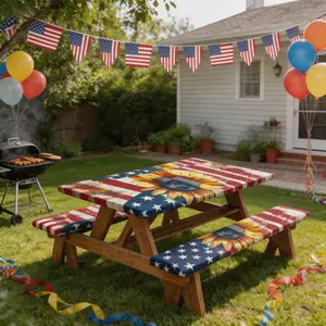 Vintage American Flag Picnic Table&Bench Cover Set, Elastic Fitted Waterproof Slipcover Refresh Worn Scratched Picnic Table, UV Wind Resistant For Summer Backyard BBQ Camping,Durable Stainproof Patriotic Table Protector USA 250th Independence Day Prep