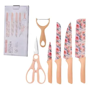 6-Piece Kitchen Knife Set, High-Carbon Stainless Steel Blades with Ergonomic Handle, Beautiful Jasmine Floral Print, Includes Chef Knife, Bread Knife, Shears, Peeler - Perfect Cooking Gift for Women & Men
