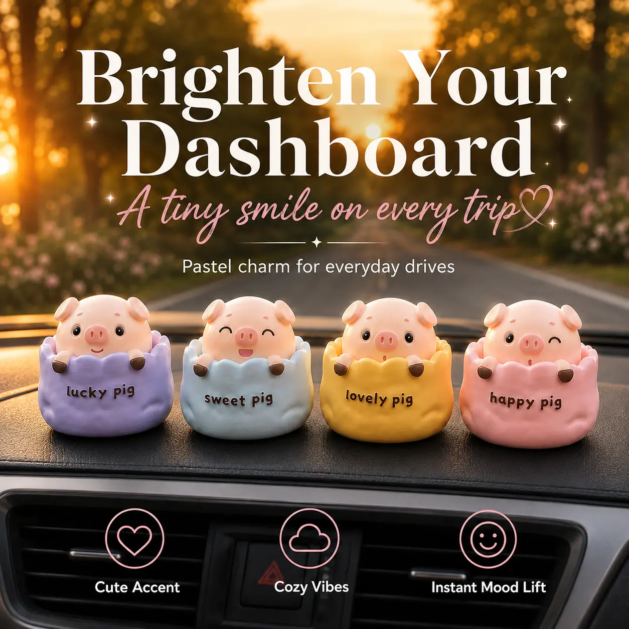 Cute Pig Car Dashboard Ornaments, Pastel Piglet in Eggshell Figurines Set for Center Console, Aesthetic Kawaii Interior Car Accessories Decor for Women