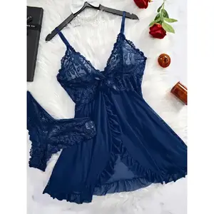 Women's Comfortable Nightgown,Contrast Lace Sleepwear Dress, V Neck Backless Ruffle Trim Split Hem Slip Dress