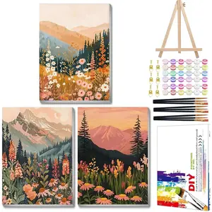 3 Pack Landscape Paint by Numbers Kit for Adults with Frame Wildflowers Paint by Numbers Landscape Adult Gift Craft Kits 7.8x11.8Inch with Frame and Easel