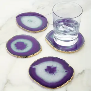 4Pcs Agate Slice Purple Agate Geode Coaster with Golden Handcraft Edge, Real Gemstone Natural Stone Coaster for Coffee Mug, Geode Slice with Display Stand for Home Decor Pretty Gift for Housewarming Anniversary Wedding Birthday Christmas