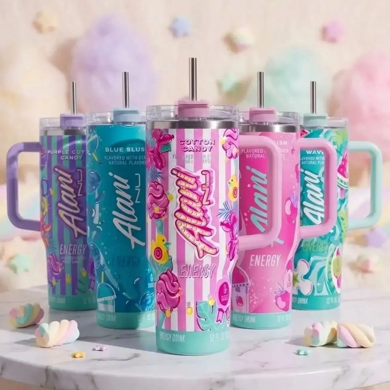 Alani Nu Energy Drink Inspired 40oz Tumbler with Handle and Straw, Stainless Steel Insulated Travel Water Bottle, Cotton Candy Y2K Pastel Aesthetic Cup