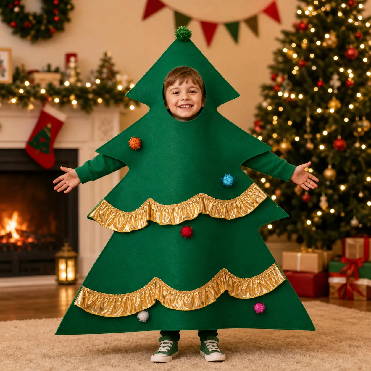 Green Christmas Tree Costume for Kids Sleeveless Hood Romper with Gold Trim and Colorful Plush Balls