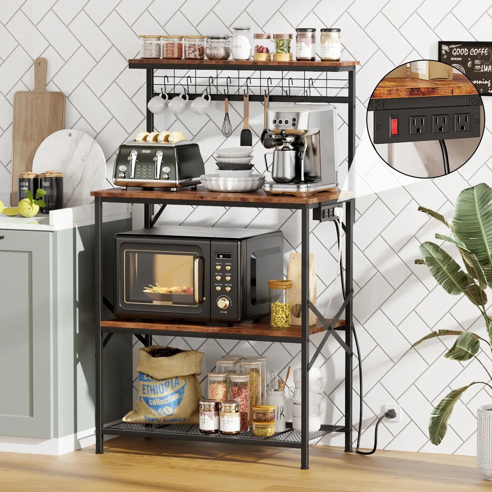 Tydimor 4-Tier Rustic Brown Baker's Rack with Power Outlet - Kitchen Microwave Stand, Coffee Bar Table, Space-Saving Home Storage Shelf