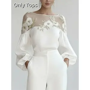 Loose Bubble Sleeve Embroidered Floral Mesh Patchwork Round Neck Shirt Blouse, Women's Casual Top, Spring & Fall Fashion