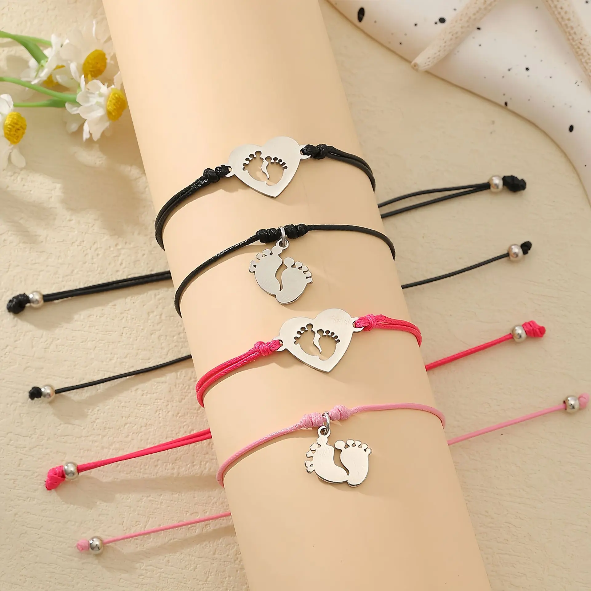 First Day of School Gifts, Matching Parent Child Bracelets Set with Heart Footprint Charm, 2PCS Adjustable Stainless Steel Friendship Bracelets, Cute Family Keepsake Jewelry Gift for Kids Students