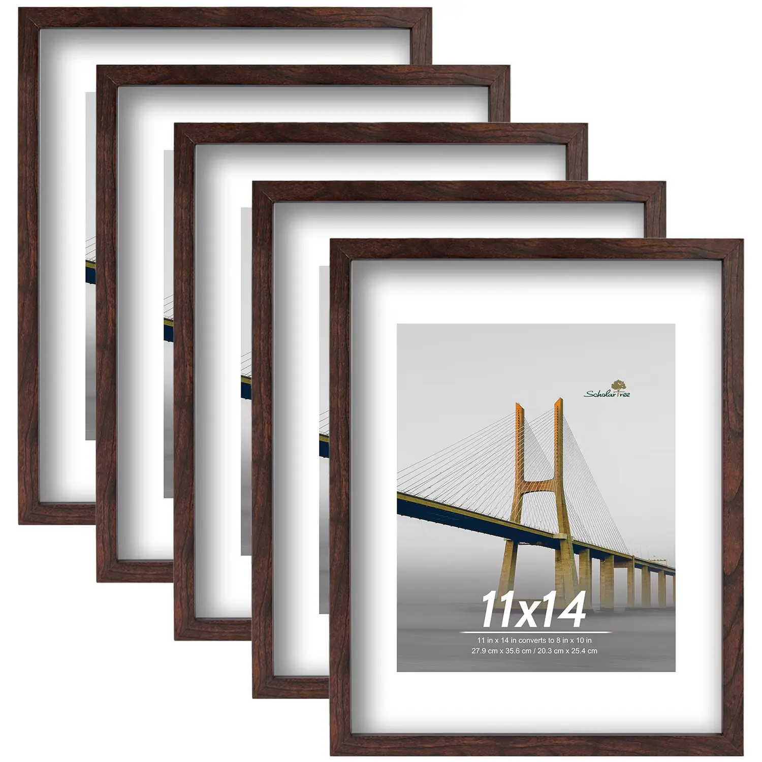 5 Pack 11x14 Picture Frames Set Matted to 8x10 Brown Wood Wall Photo Frames with HD Plexiglass for Gallery Wall Art Print Display Horizontal and Vertical Hanging