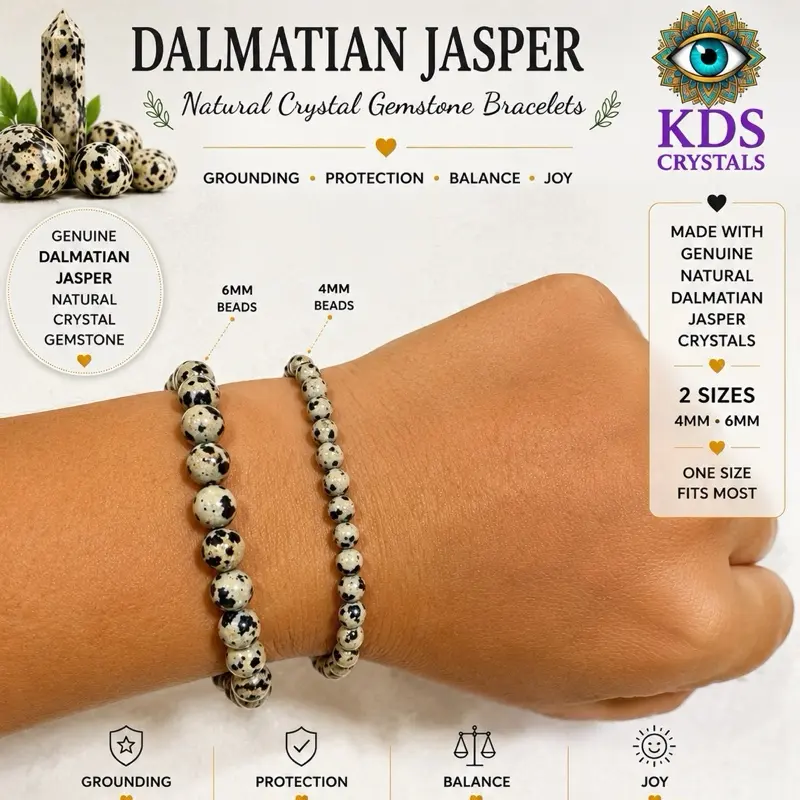 Dalmatian Jasper Natural Crystal Gemstone Bracelet, 4mm 6mm Beaded Stretch Bracelet, Grounding Protection Crystal Jewelry Gift