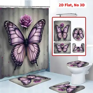 4 Pcs Purple Butterfly and Rose Shower Curtain Set, Purple Bathroom Accessories, Non-slip Bathroom Floor Mat, Shower Curtain with Hooks, Toilet Cover Mat, Home Decor, Bathroom Decoration Accessories, Bathroom Shower Equipment, Machine Washable