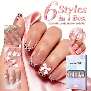 144 Pcs Press On Nails (6 Packs) | Nude Pink Chrome French Tip Designs | Almond & Coffin Shapes | Iridescent Glitter & Clean French Styles | Reusable Stick On Nails with Jelly Glue | 12 Sizes
