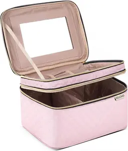 Large Makeup Bag with Mirror, Double Layer Travel Make Up Organizer Case, High-Capacity Cosmetic Bag with Brush Slot Divider – Portable Vanity Makeup Bag & Brush Holder Case, Compact, Travel Accessories, Toiletry Organizer, Gift Idea