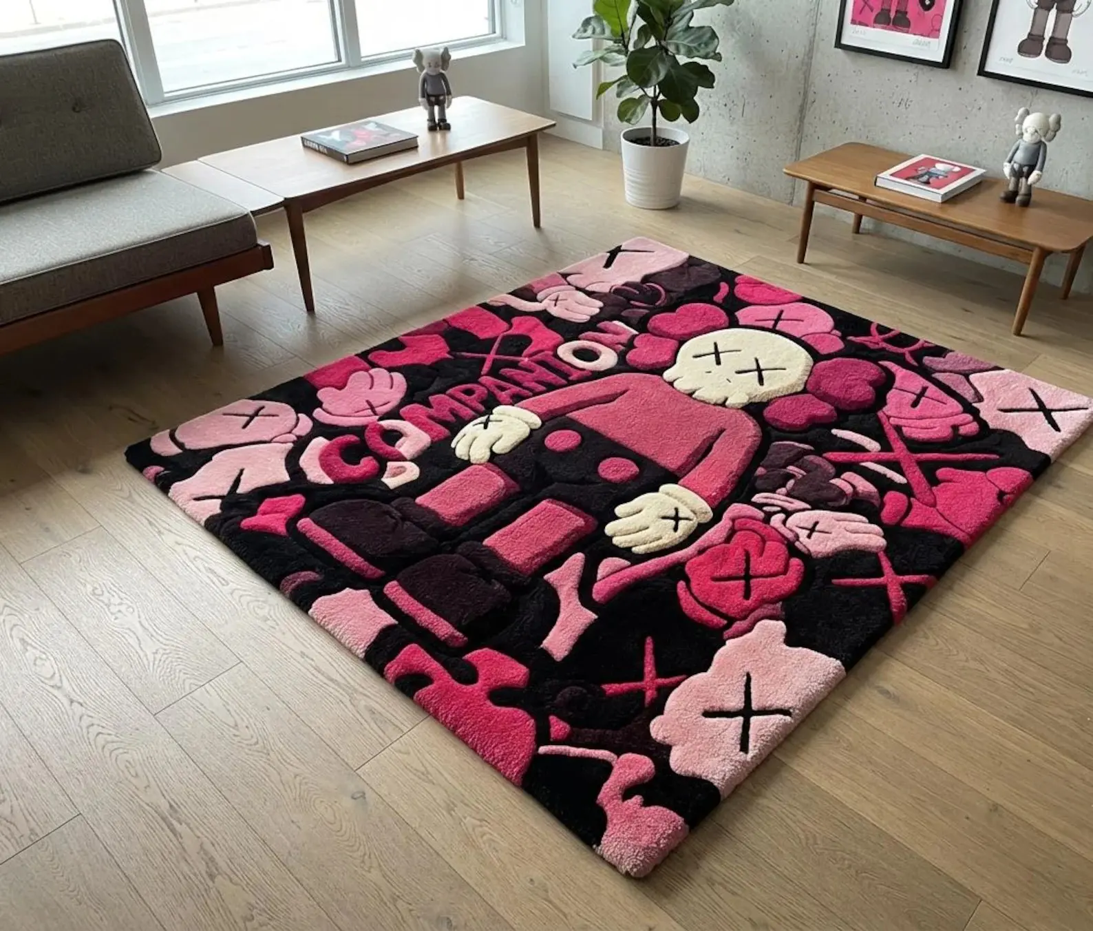 KAWS-Inspired Pink Area Rug, Vibrant Pop Art Decor for Hypebeast Enthusiasts