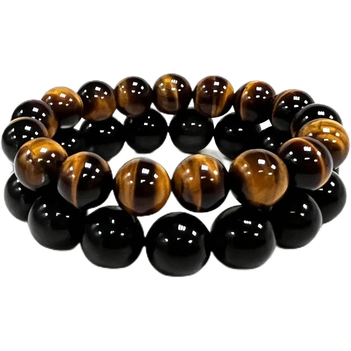 Unisex Crystal Healing Bracelet with Natural Tiger's Eye & Obsidian Beads, 10-13mm Handmade Stretch Jewelry Gift for Holidays, Elasticized, Natural Obsidian, Unisex Names, Protection