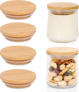 Yogurt Bamboo Jar Lids Set,Wooden Lids f with Silicone Sealing Rings,Cookie Glass Storage Lids,4 Pcs Containers Kitchen Utensils Tin Canister