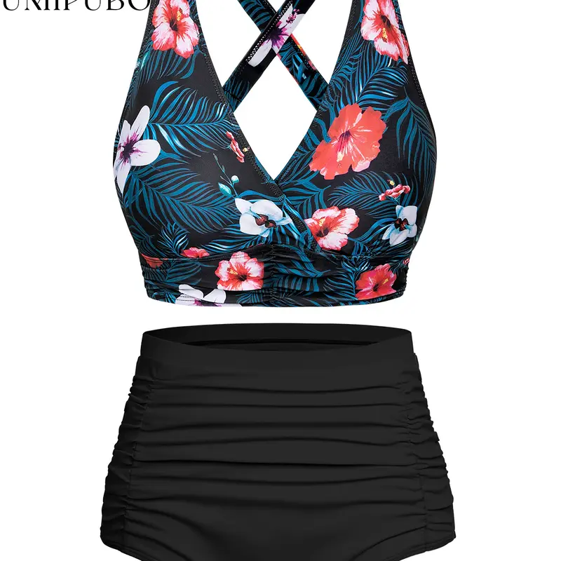 [SummerClearance] UMIPUBO SHOP Women's Cross-Buckle One-Piece Swimsuit Tropical Print Swimwear Triangl Swimwear Style Swimoutfit SwimWeek