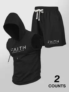 Two-Piece Set Men's Hooded Vest & Shorts, Regular Fit Sleeveless Top & Shorts, Casual Summer Outfits Clothes Set for Men