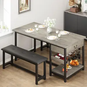 Garvee Compact Dining Table Set for 4 with Upholstered Benches, Storage Drawers, and Built-in Wine Rack, Space-Saving Kitchen and Dining Furniture, Gray Color