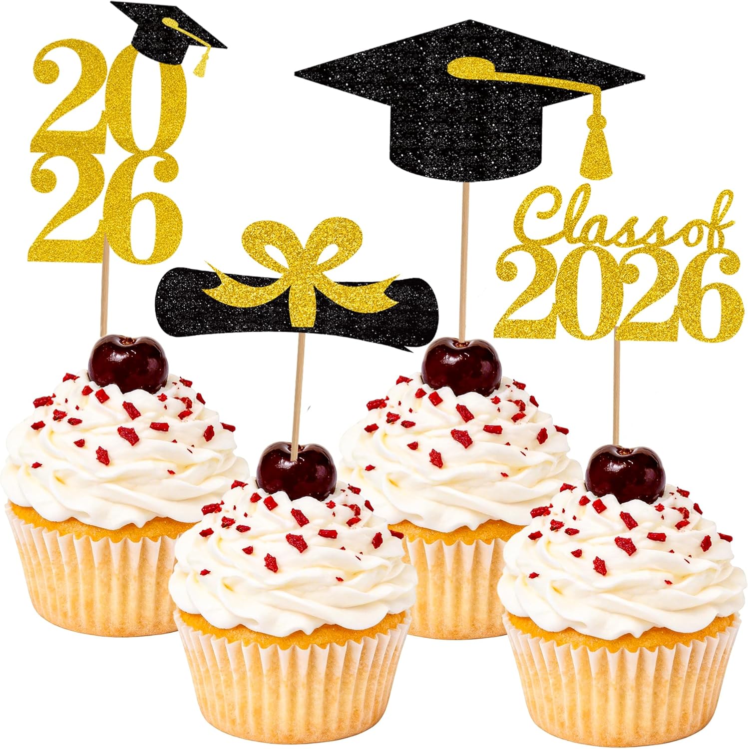Set of 16/32/48 Graduation Cake Toppers 2026 - Paper Material, Themed Design & Festive Decor, for Cupcakes, Party Desserts & School Celebrations &Bouquet&Tables