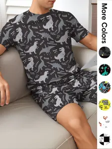 Men's Cartoon Dinosaur Print Tee & Shorts Pajama Two-piece Set, Pjs Regular Fit Casual Comfy Round Neck Short Sleeve T-shirt & Shorts, Men's Sleepwear & Loungewear for Summer Pajamas, Pyjama Sets