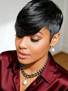 Short Pixie Cut Real Hair Wigs with Bangs Straight Wig Machine Made for Women for Everyday & Special Occasions (Christmas, Halloween, Cosplay)