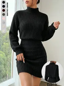 Women's Spring and Autumn Daily Elegant Casual Wear Waist Hip Wrap High Neck Turtleneck Lantern Sleeve Long Sleeve Dress Home Work Outdoor City Slim Trend Casual Youth Simple Versatile Texture Temperament Natural Literary Art Elegance