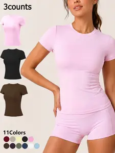 Women's 3 Piece Short Sleeve Sports T Shirt Solid Color High Stretch Comfortable Breathable Slim Fit Sports Top Gym Sports Moisture Wicking Quick Dry Shaping Yoga Top Outdoor Running Daily Wear Casual Versatile, Everyday Activewear