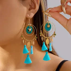Ocean Asymmetric Starfish S Dangle Earring For Women Vintage Ethnic Leaf Feather Blue Tassel Big Hoop Earring Party Jewelry