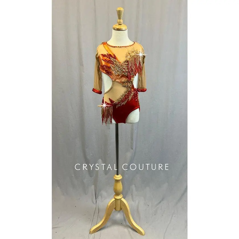 Custom Red and Orange Cutout Leotard with Appliques and Beaded Fringe - Rhinestones
