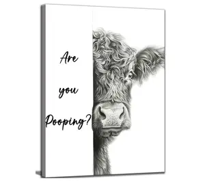 Funny Highland Cow Bathroom Canvas Wall Art Black White Cartoon Animal Are You Pooping Painting Picture for Toilet Home Decoration