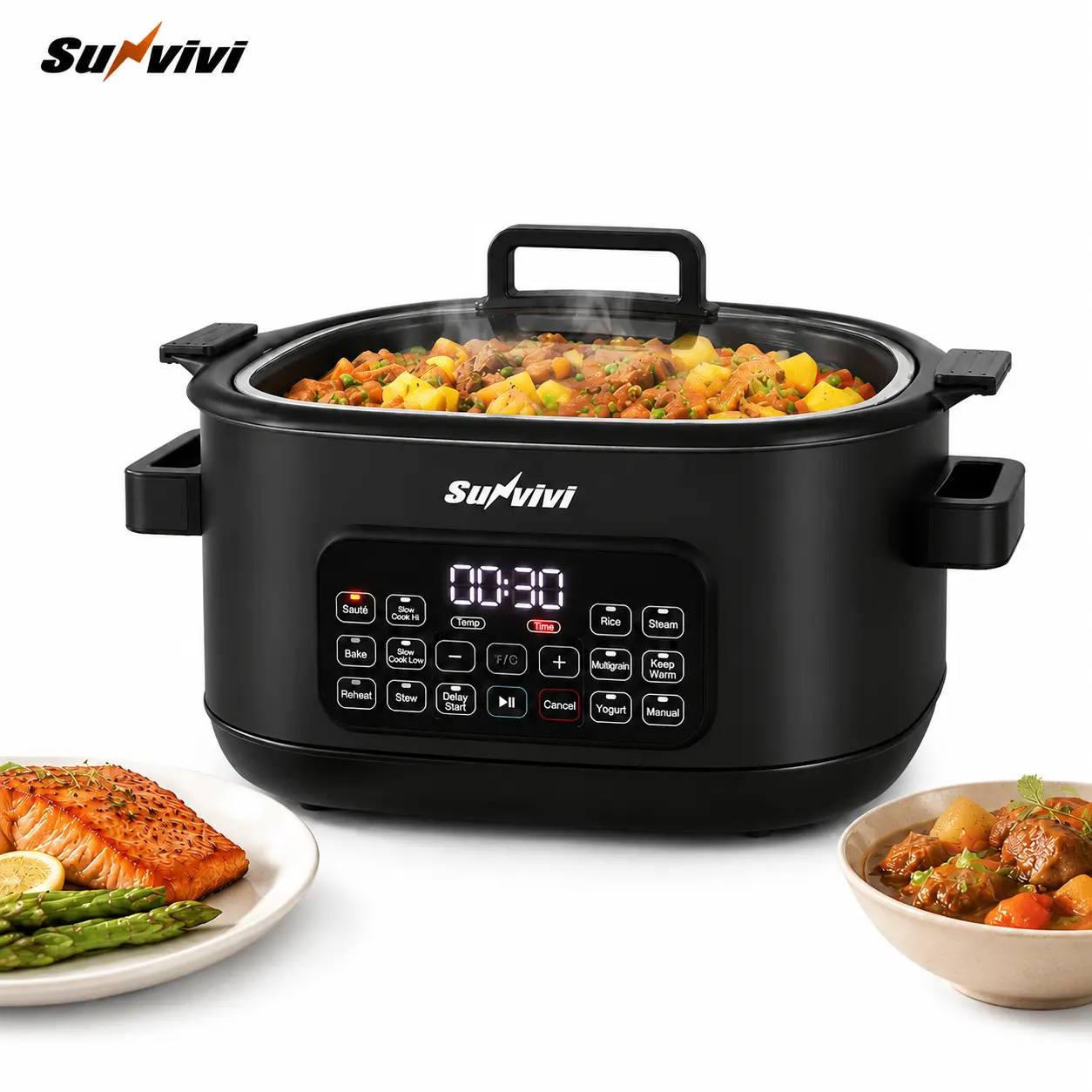 Sunvivi 12-in-1 Multi-Function Slow Cooker Roaster Oven, 6.5QT Silver Digital Programmable Model with Aluminum Rack, Large Removable Nonstick Crock, Glass Lid, Timer, Temp Control, Delay Start, 120V 1500W home essential, 6.0L,home essential, Digital Displ