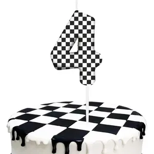 Black White Checkered Number 4 4th Birthday Candle Cake Toppers for Race Car Themed Parties Kids Birthday Party Supplies for Boys and Girls