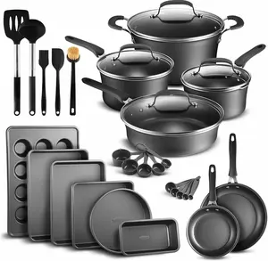 Pots and Pans Set, 23-Piece Non Stick Cookware & Bakeware Sets with Plaid Pattern, Stackable Design, Dishwasher Safe, Stain-resistant, Oven & All-Stove Safe, Tempered Glass Lid, Black Aluminium