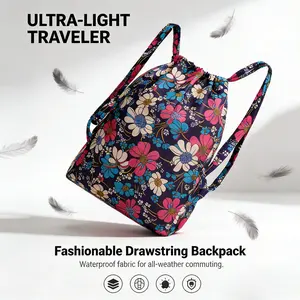 Women's Ethnic Nylon Drawstring Backpack, Floral Print Travel & Sports Shoulder Bag, Lightweight Single Shoulder Bag with Pockets