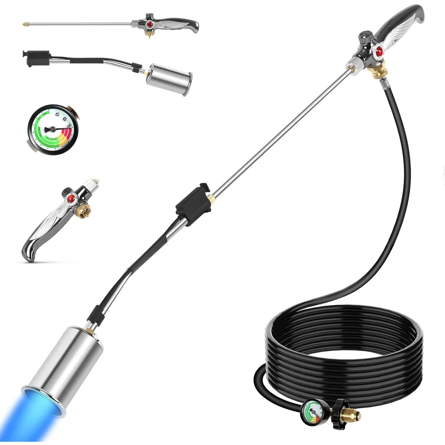 Propane Torch Weed Burner, 1800000   BTU 10FT Hose Extended Blow Torch with Detachable Long Arm Heavy Duty Flame Control for Garden Stumps Wood Ice Snow Melting Roofing