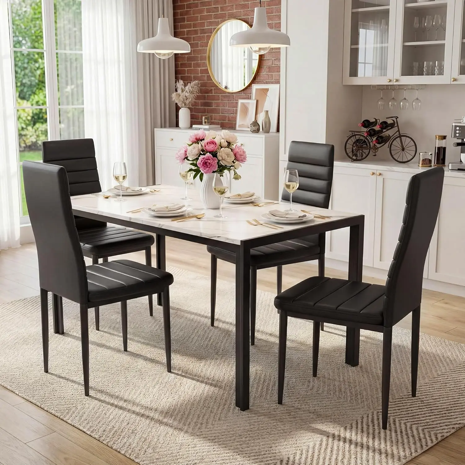 5-Piece Dining Table Set for 4, Faux Marble Rectangular Kitchen Table, 4 PU Leather Padded Chairs, Metal Frame White & Black Dining Room Furniture, Easy Assembly, Small Space Apartment Friendly