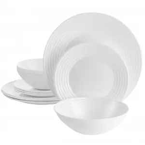 212 MAIN Gibson Ultra Patio 12-Piece Tableware Set, White Tempered Opal Glass Dinnerware with Embossed Bands, Impact-Resistant Tempered Glass