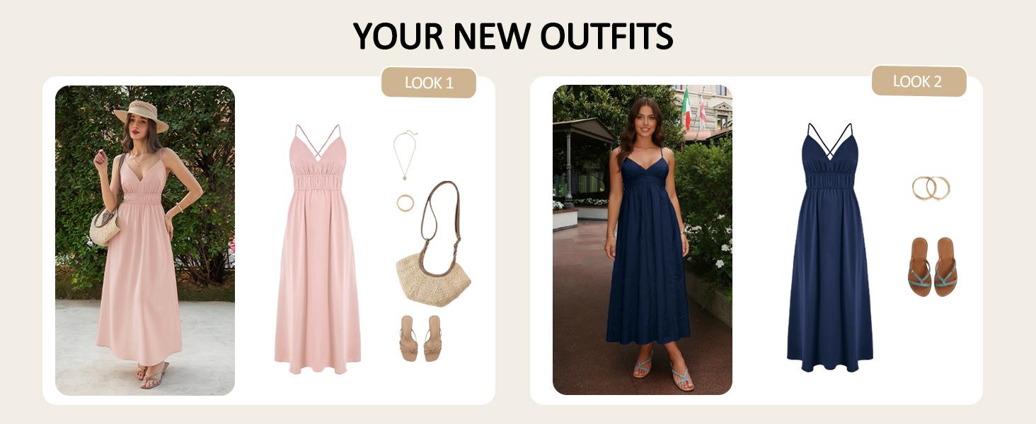 Yousify Women's Deep V-Neck Sleeveless Spaghetti Strap Ruched Flowy Maxi Dress - Casual Fashion Dress, Boho Beach Sundresses, Women's Clothes for Summer Beach Outfits,summeroutfits,vacationoutfits,beachoutfits