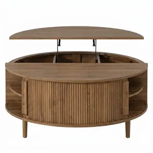 U-Can Minimalist Round Lift-Top Coffee Table with Hidden Storage, Sliding Door, Pine Legs, and Wood Wave Finish