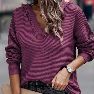 Ultra-Chic V-Neck Hooded Sweater with Ribbed Texture and Drop Shoulder Elegance Casual Fabric