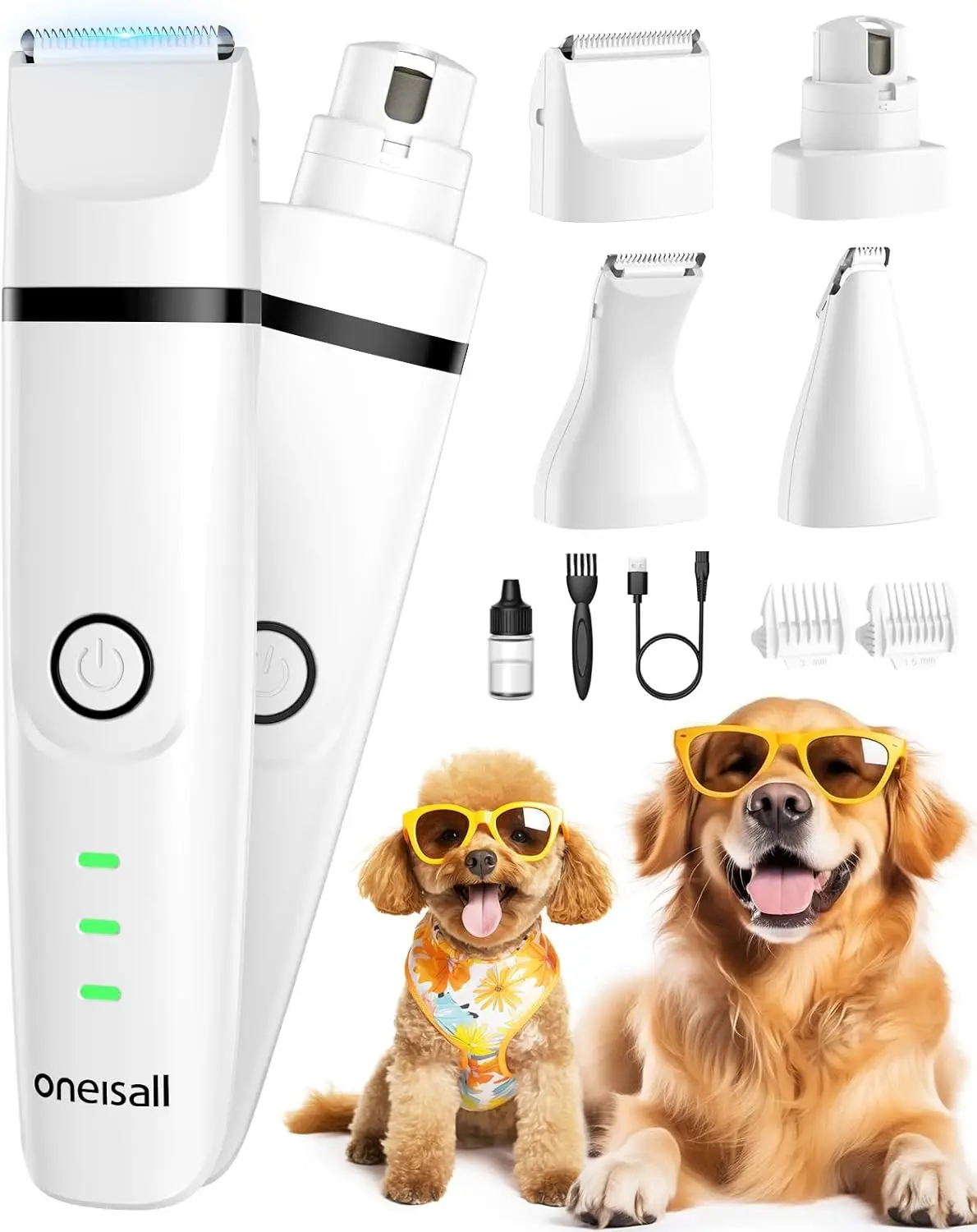 oneisall 4 in 1 Dog Clippers, 2 Speed Dog Paw Trimmer & Nail Grinder, Low Noise Rechargeable Dog Grooming Kit with Guards,Cordless Trimmers for Dogs C