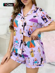 2-piece set of spring and summer women's clothing, purple background, full body, rural female singer, cartoon little character pattern, printed short sleeved shorts, soft and comfortable top, small pocket, elastic waistband, home sleepwear