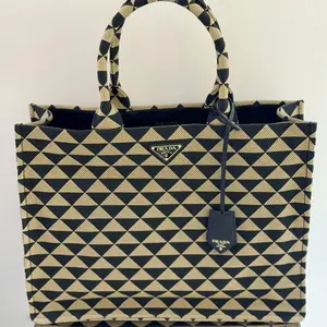Pre-owned leather Tote Bags Prada Symbole Jacquard Fabric Small Tote Bag in Beige/Black Triangle Motif