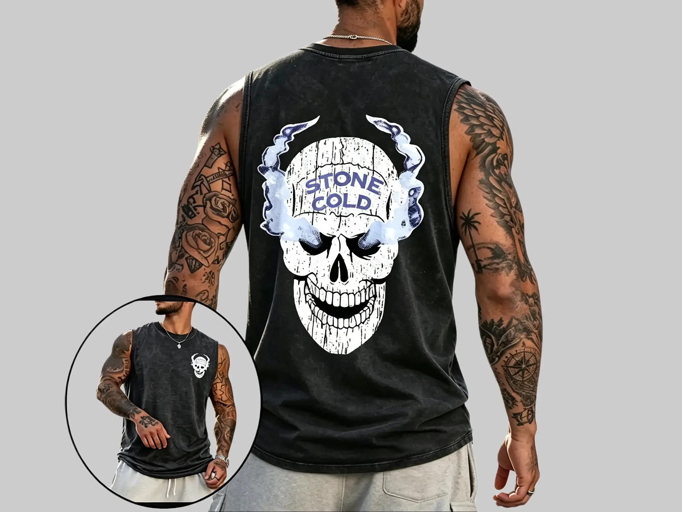 Unisex Gym Sports Tops, Acid Wash Cotton Tank with Skull Graphic, Relaxed Fit Vintage Streetwear, Cold Machine Wash