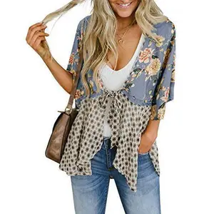 Imily Bela Women Floral Kimono Cardigans 3/4 Ruffle Sleeve Lightweight Patchwork Flowy Boho Tie Loose Cover Ups